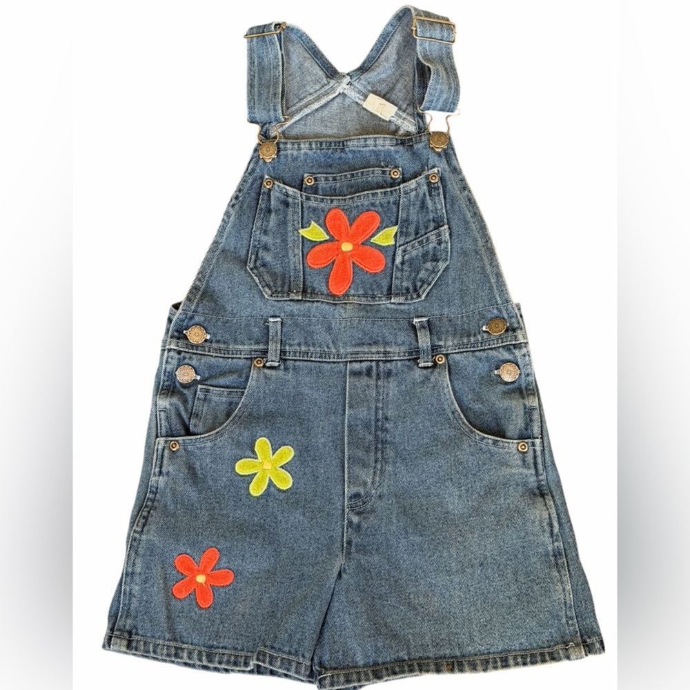 Vintage Denim Overalls with embroidered Floral Accents girls youth size 7